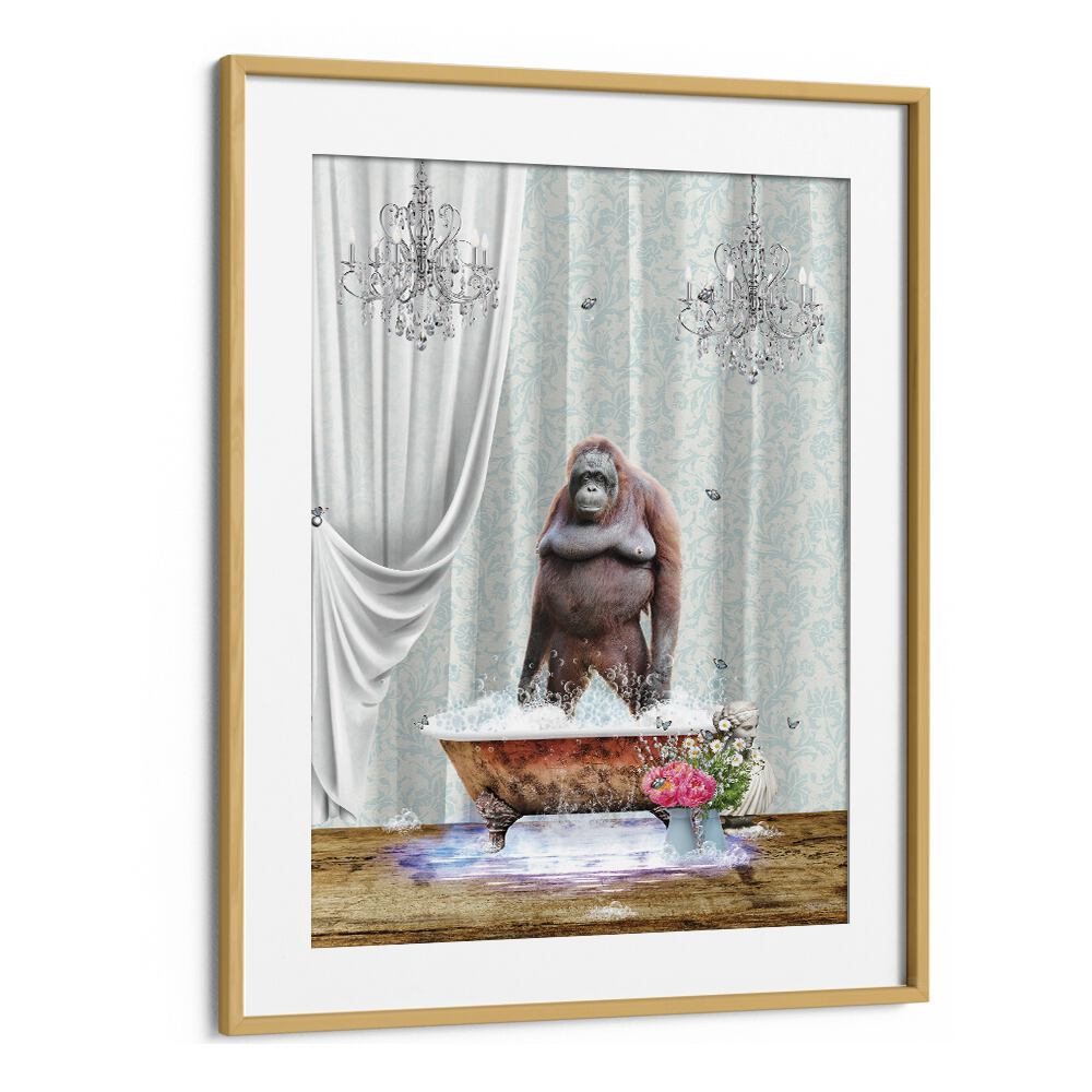 orangutan-bubbles by sue skellern wall art prints in Oak Wood Frame With Mount