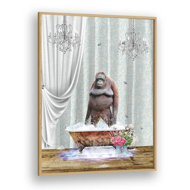 orangutan-bubbles by sue skellern wall art prints in Oak Wood Plain Frame