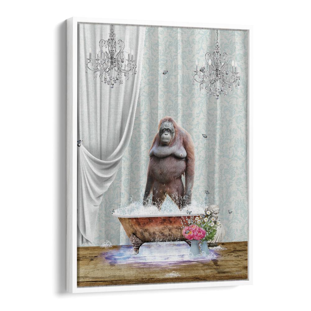 orangutan-bubbles by sue skellern wall art prints in White Floater Frame