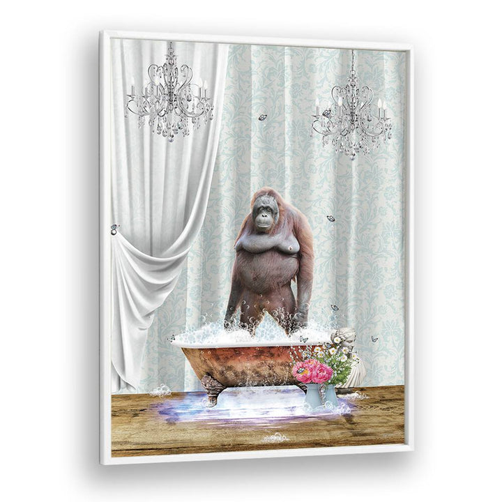 orangutan-bubbles by sue skellern wall art prints in White Plain Frame