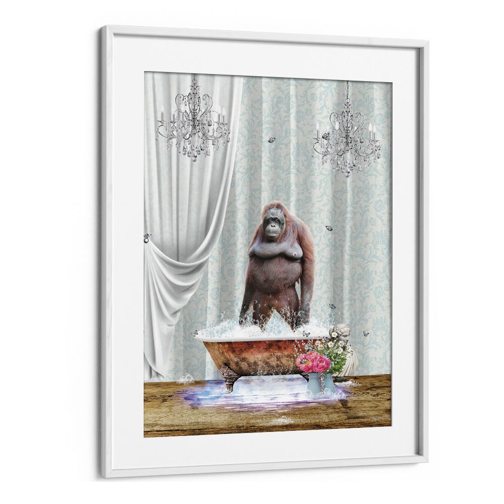 orangutan-bubblesby sue skellern wall art prints in White Frame With Mount