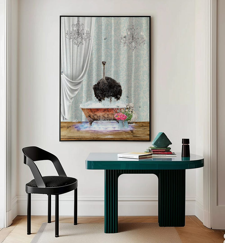 ostrich and bubbles by sue skellern wall art prints Artwork IV placed on a wall