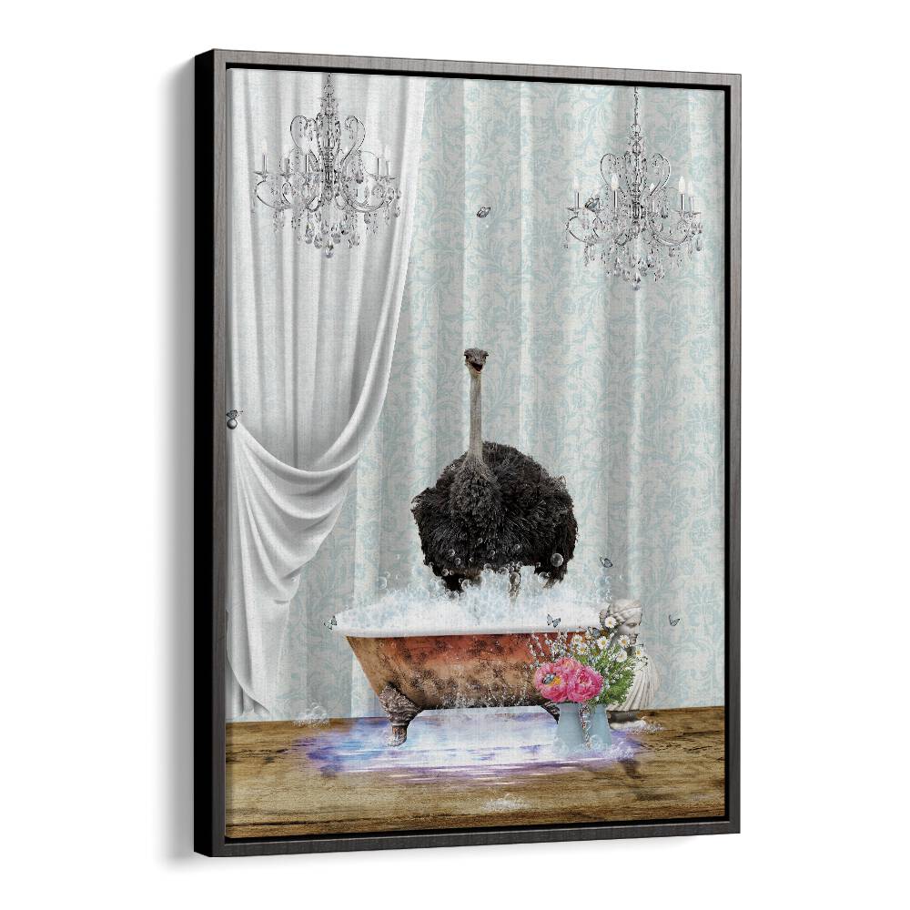 ostrich and bubbles by sue skellern wall art prints in Black Floater Frame