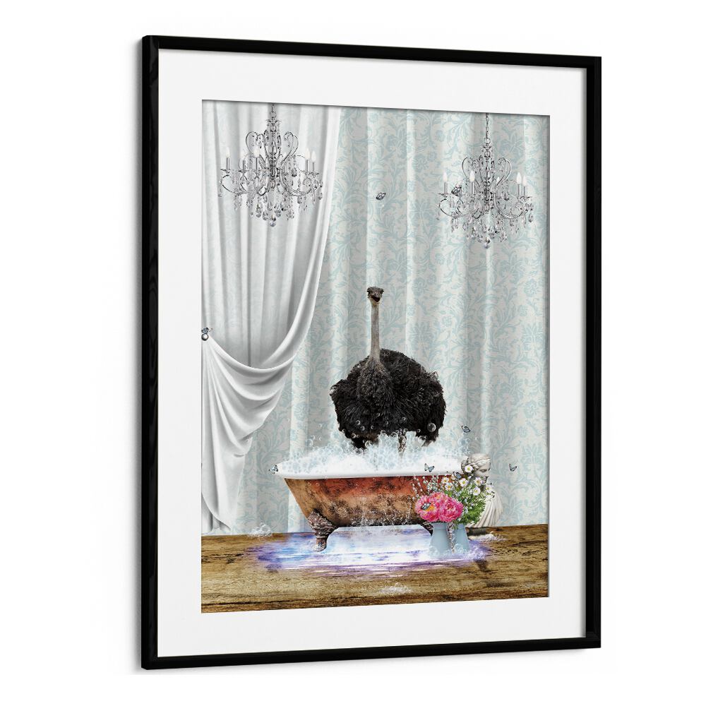 ostrich and bubbles by sue skellern wall art prints in Black Frame With Mount