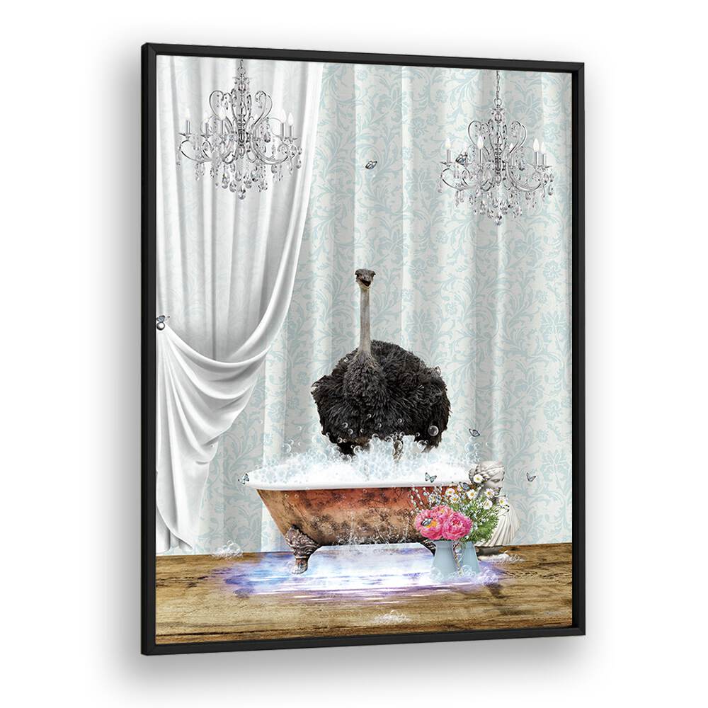 ostrich and bubbles by sue skellern wall art prints in Black Plain Frame