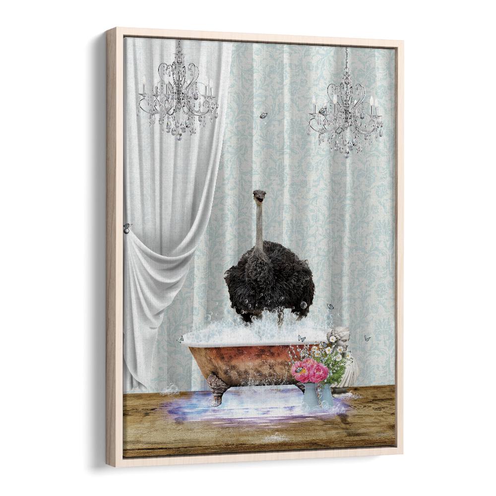 ostrich and bubbles by sue skellern wall art prints in Oak Wood Floater Frame