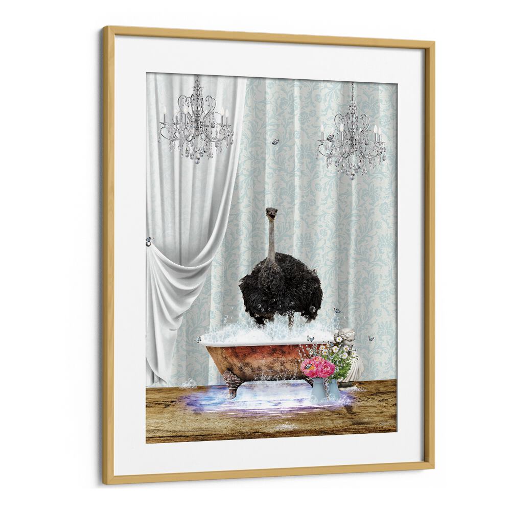 ostrich and bubbles by sue skellern wall art prints in Oak Wood Frame With Mount