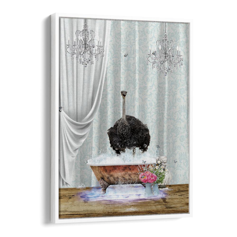 ostrich and bubbles by sue skellern wall art prints in White Floater Frame