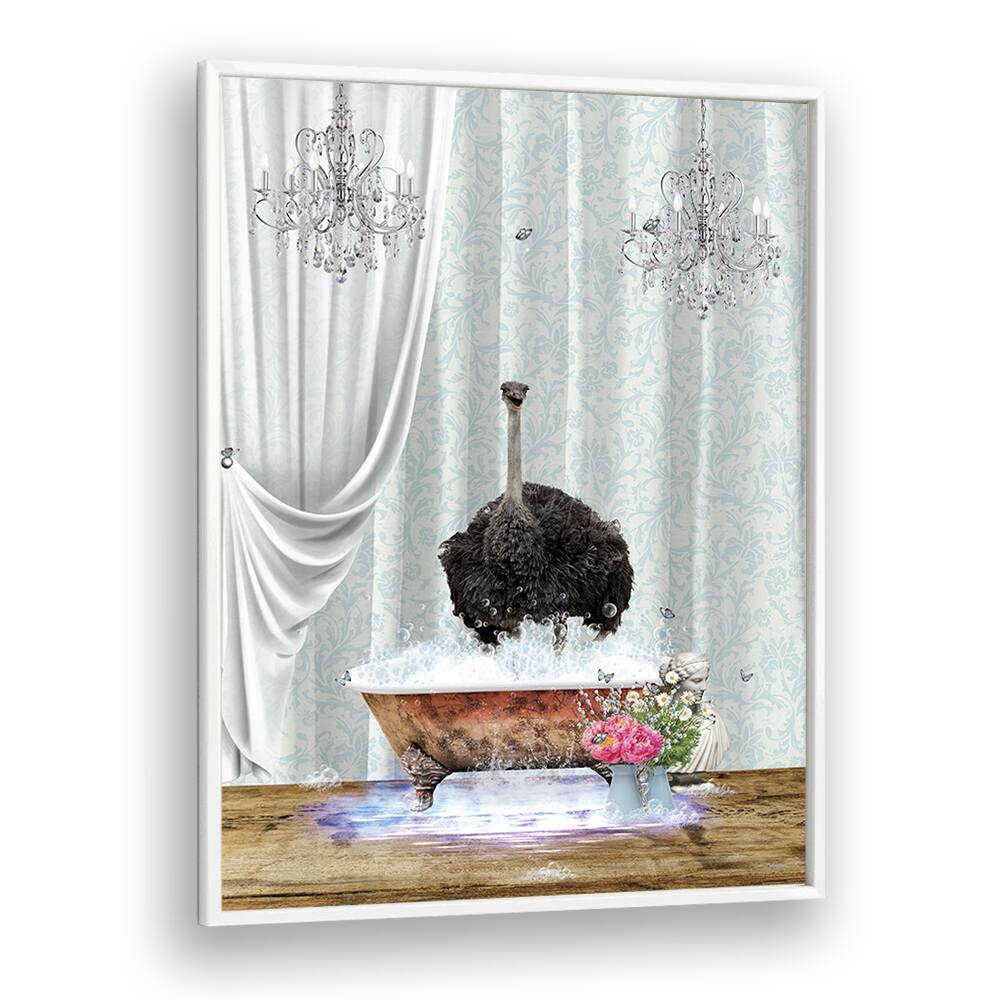 ostrich and bubbles by sue skellern wall art prints in White Plain Frame