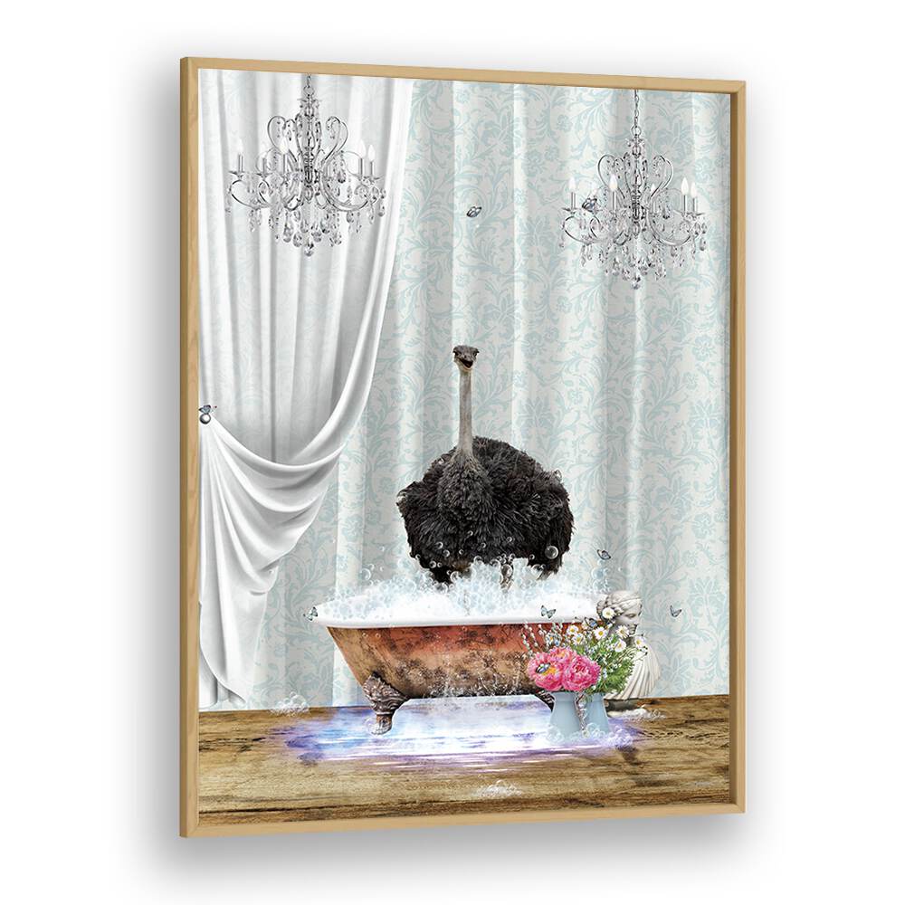 ostrich and bubbles by sue skellern wall art prints in Oak Wood Plain Frame