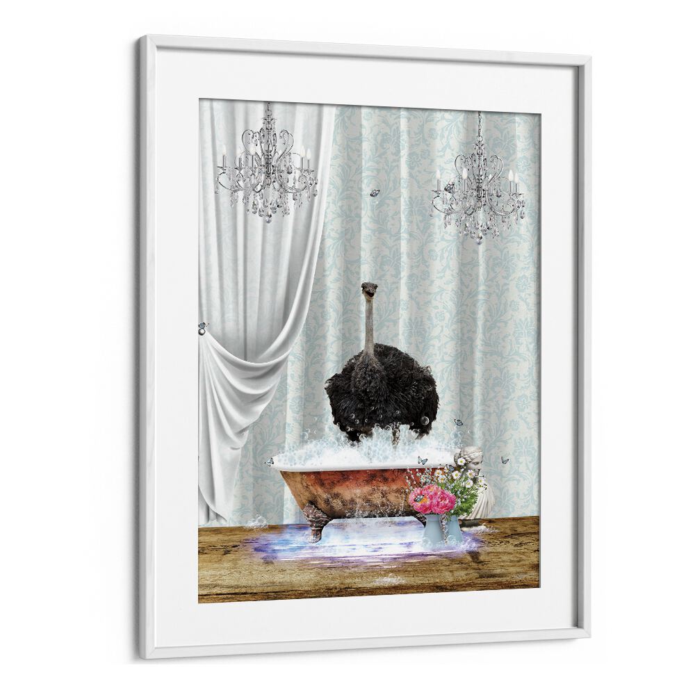 ostrich and bubblesby sue skellern wall art prints in White Frame With Mount