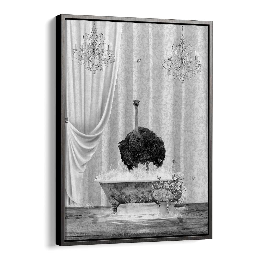 ostrich-bubbles black and white by sue skellern wall art prints in Black Floater Frame