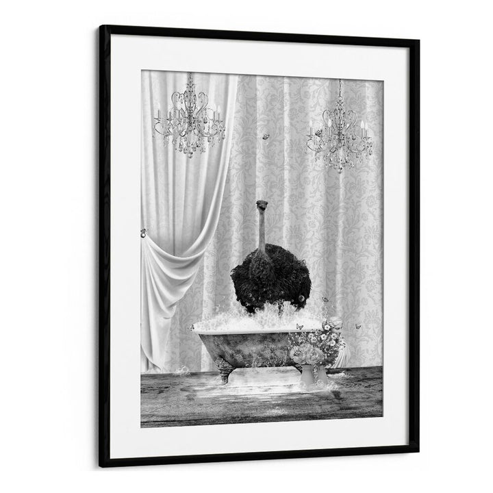 ostrich-bubbles black and white by sue skellern wall art prints in Black Frame With Mount