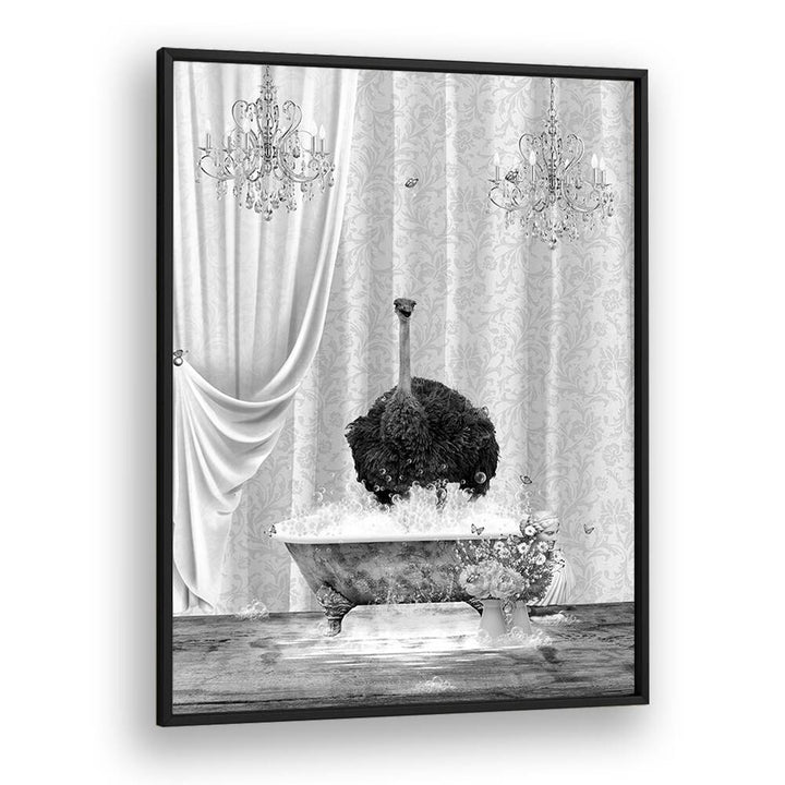 ostrich-bubbles black and white by sue skellern wall art prints in Black Plain Frame