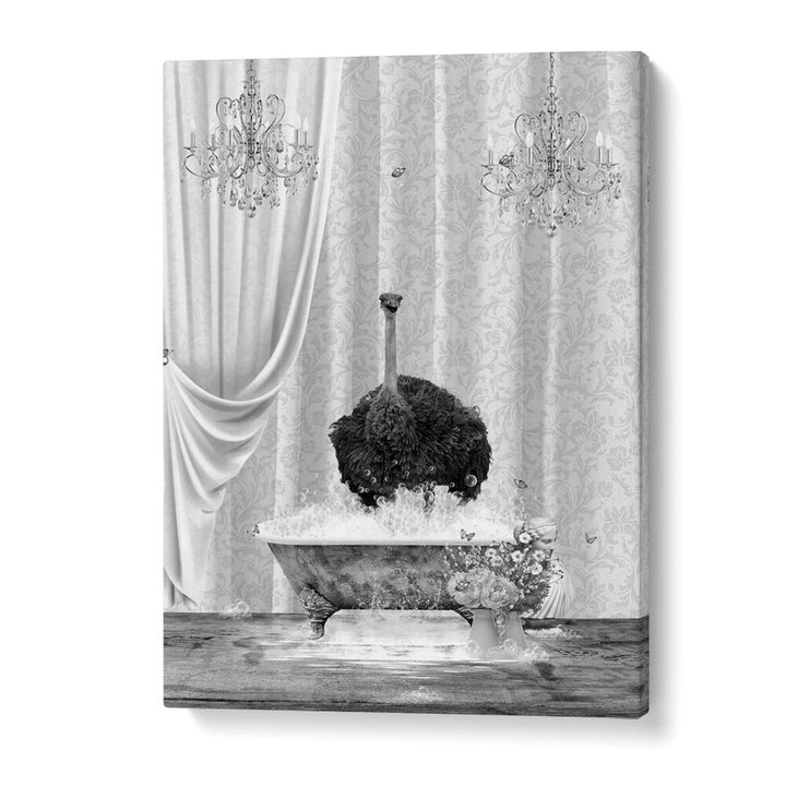 ostrich & bubbles black and white by sue skellern wall art prints in Gallery Wrap