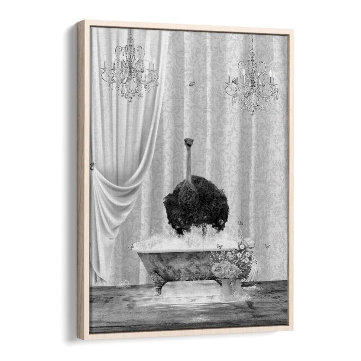 ostrich-bubbles black and white by sue skellern wall art prints in Oak Wood Floater Frame