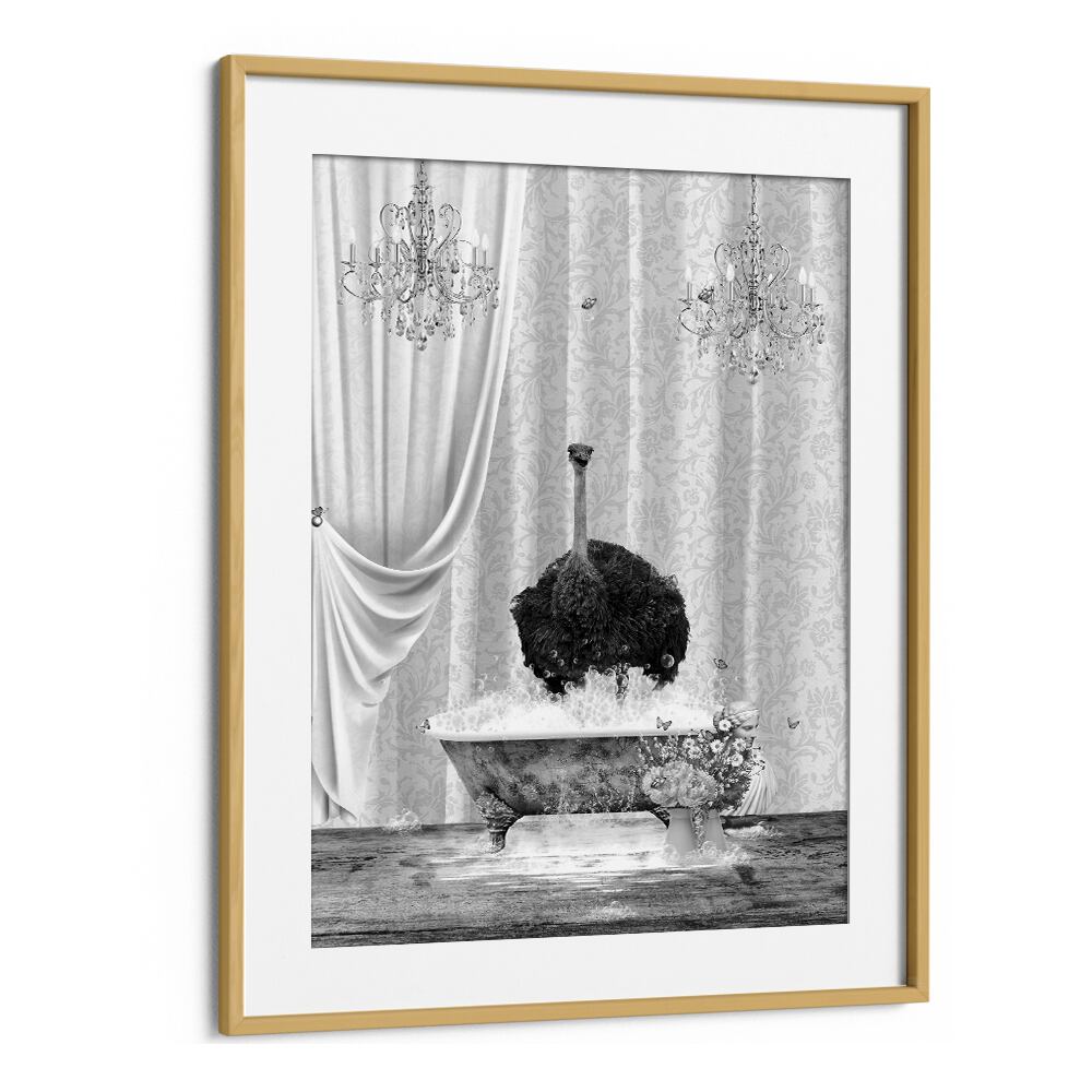 ostrich-bubbles black and white by sue skellern wall art prints in Oak Wood Frame With Mount