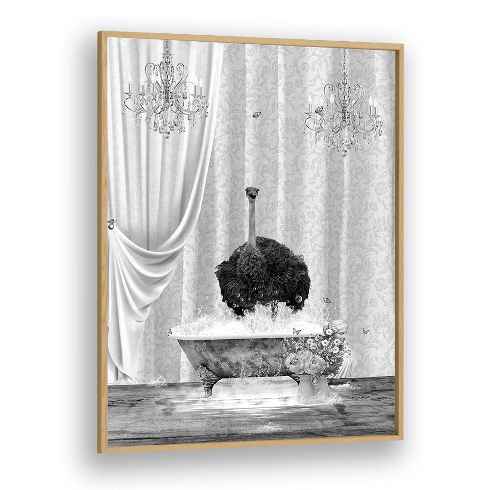 ostrich-bubbles black and white by sue skellern wall art prints in Oak Wood Plain Frame