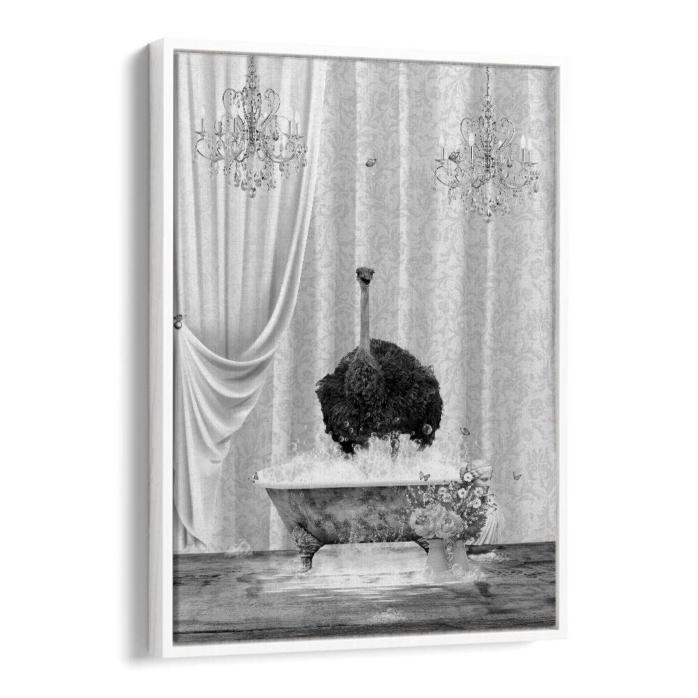 ostrich-bubbles black and white by sue skellern wall art prints in White Floater Frame