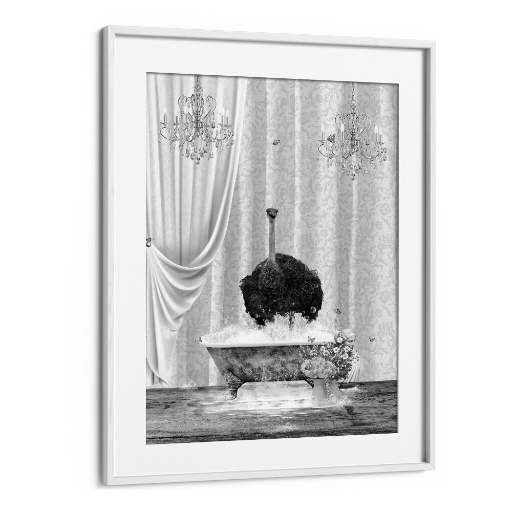 ostrich-bubbles black and whiteby sue skellern wall art prints in White Frame With Mount