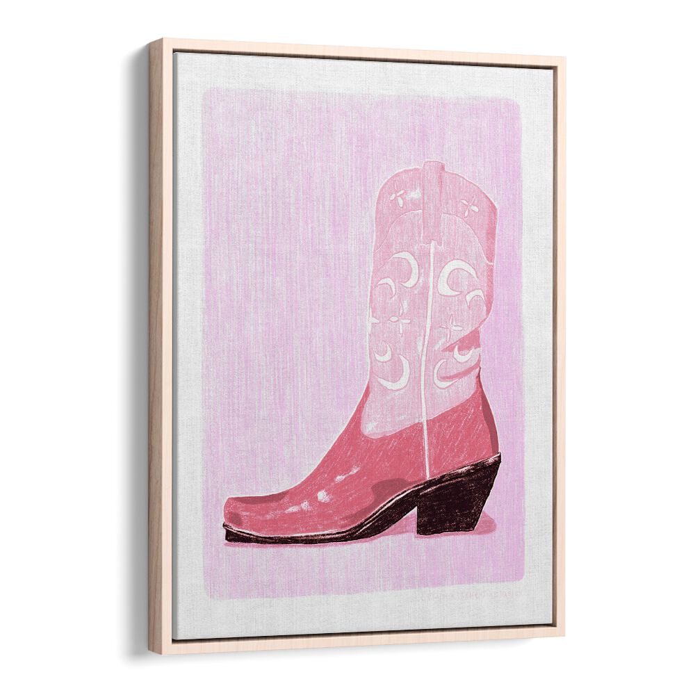 pac cow girl boot portraits-figurative illustrations in Oak Wood Floater Frame