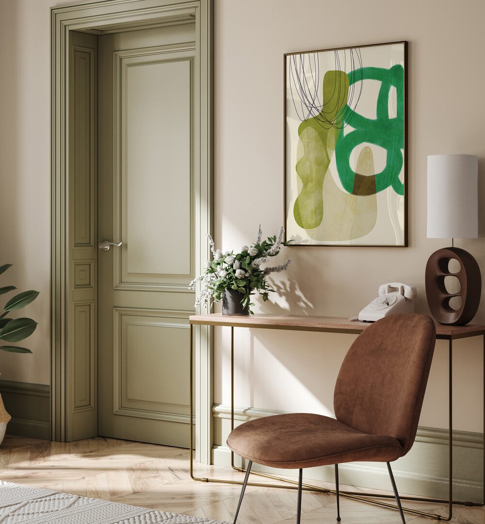 Elegant LINES GREEN TAN KOPIE, ABSTRACT PAINTINGS by Ana Rut Bre enhance modern interiors with vibrant colors.