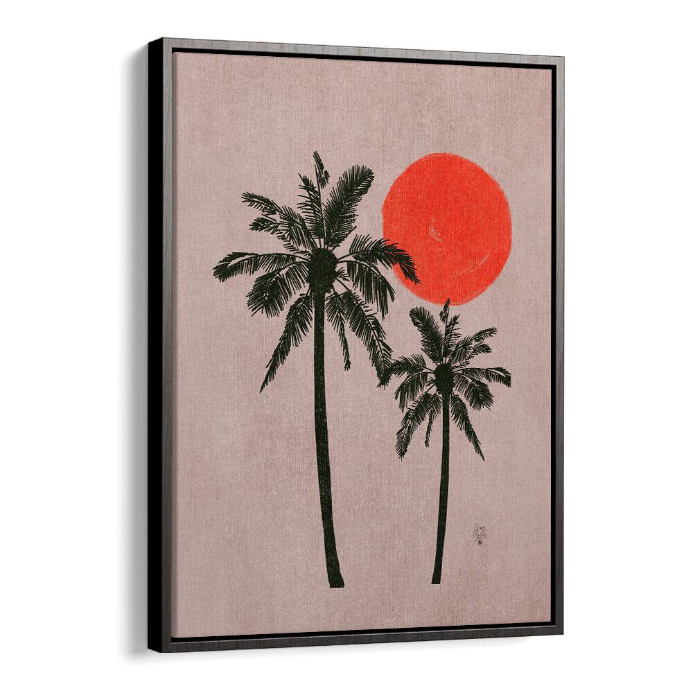 palm trees pink moon landscape art prints in Black Floater Frame