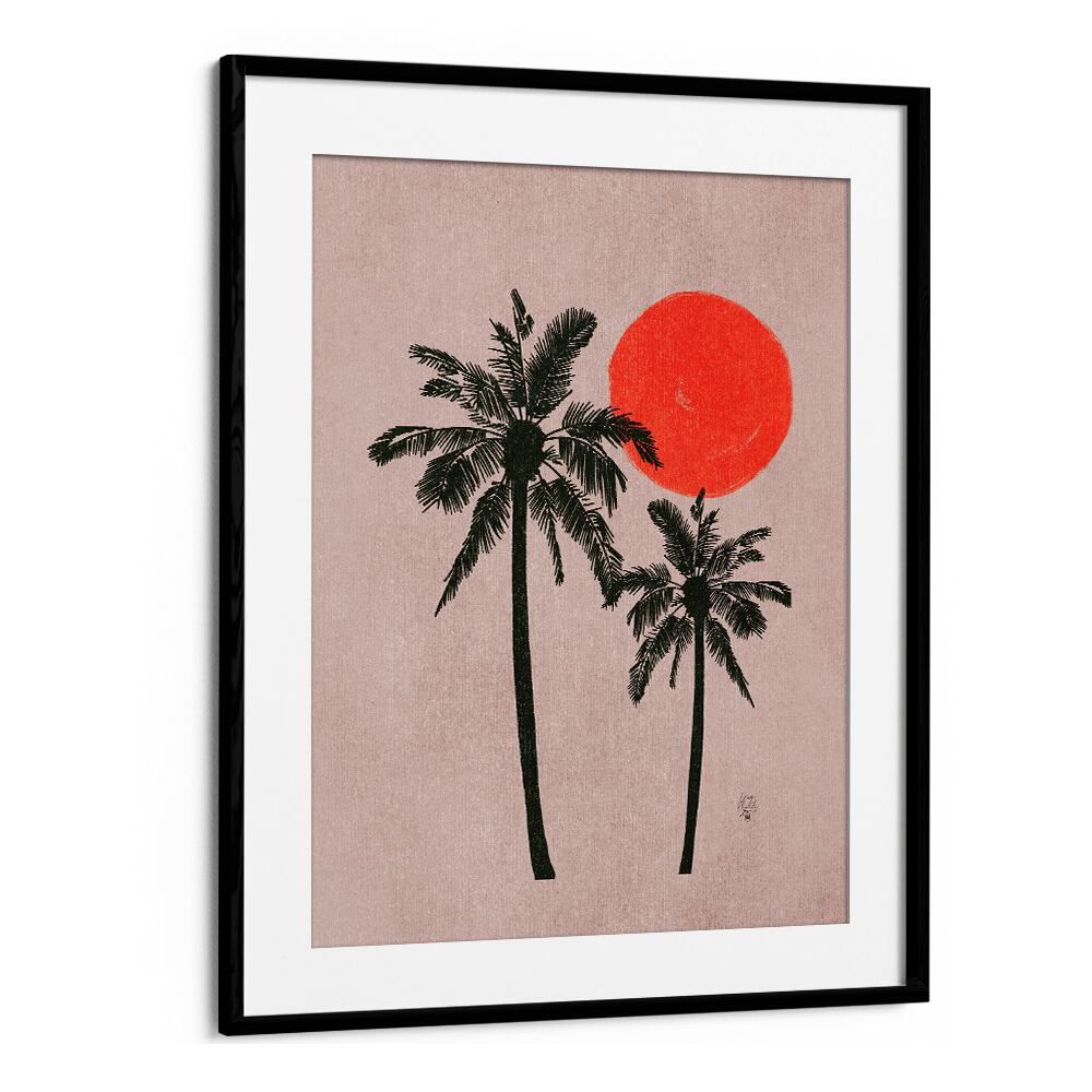 palm trees pink moon landscape art prints in Black Frame With Mount