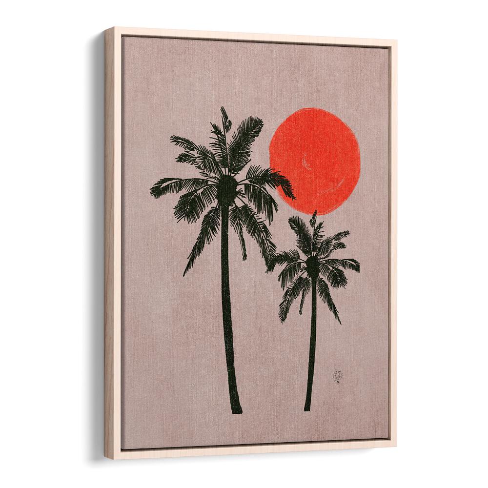 palm trees pink moon landscape art prints in Oak Wood Floater Frame