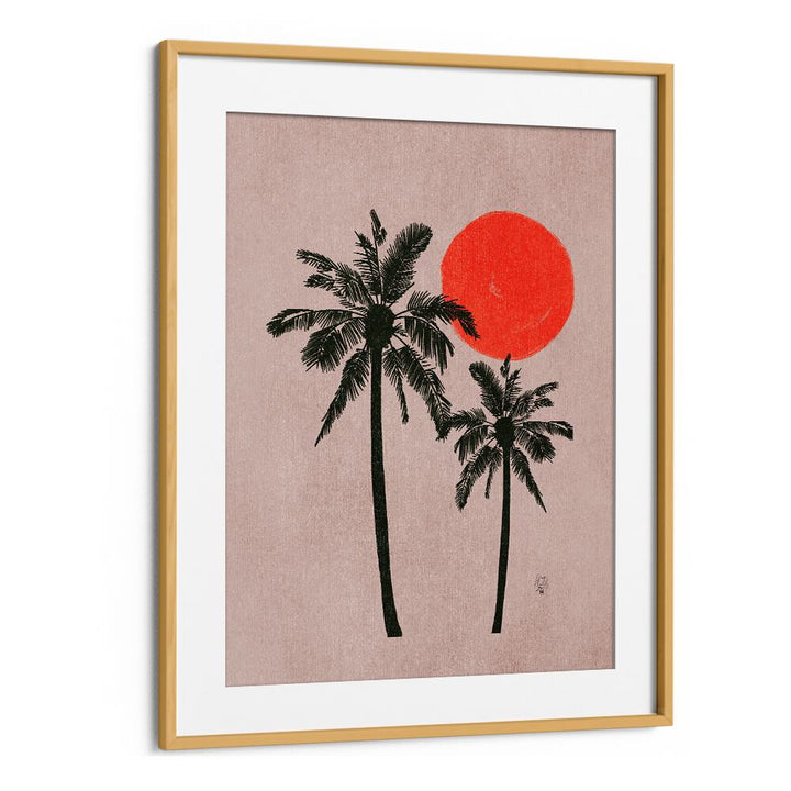 palm trees pink moon landscape art prints in Oak Wood Frame With Mount