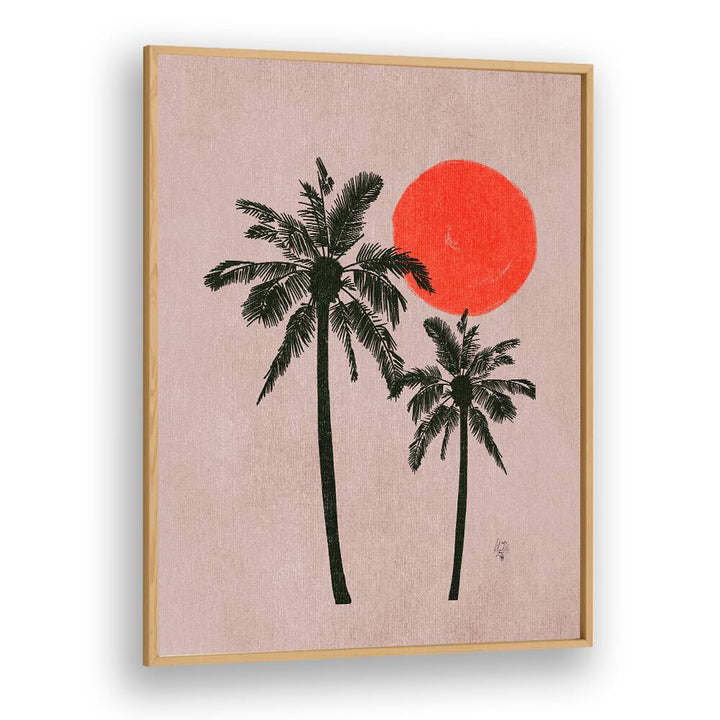 palm trees pink moon landscape art prints in Oak Wood Plain Frame