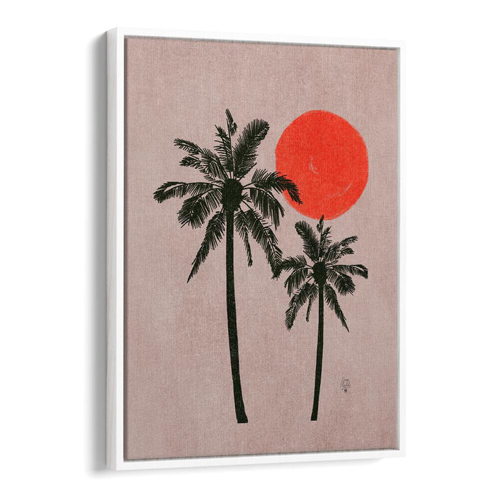 palm trees pink moon landscape art prints in White Floater Frame