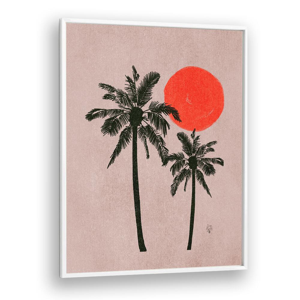 palm trees pink moon landscape art prints in White Plain Frame