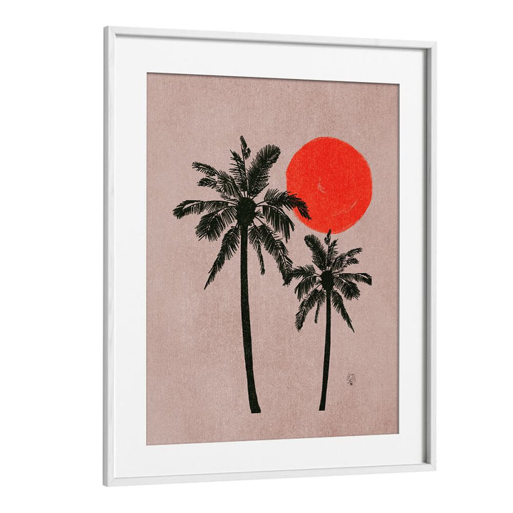 palm trees pink moonlandscape art prints in White Frame With Mount