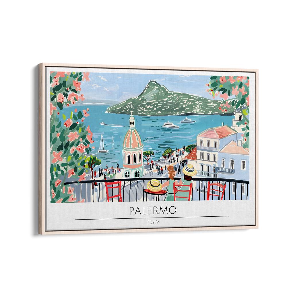 palmero city-italy travel posters in Oak Wood Floater Frame