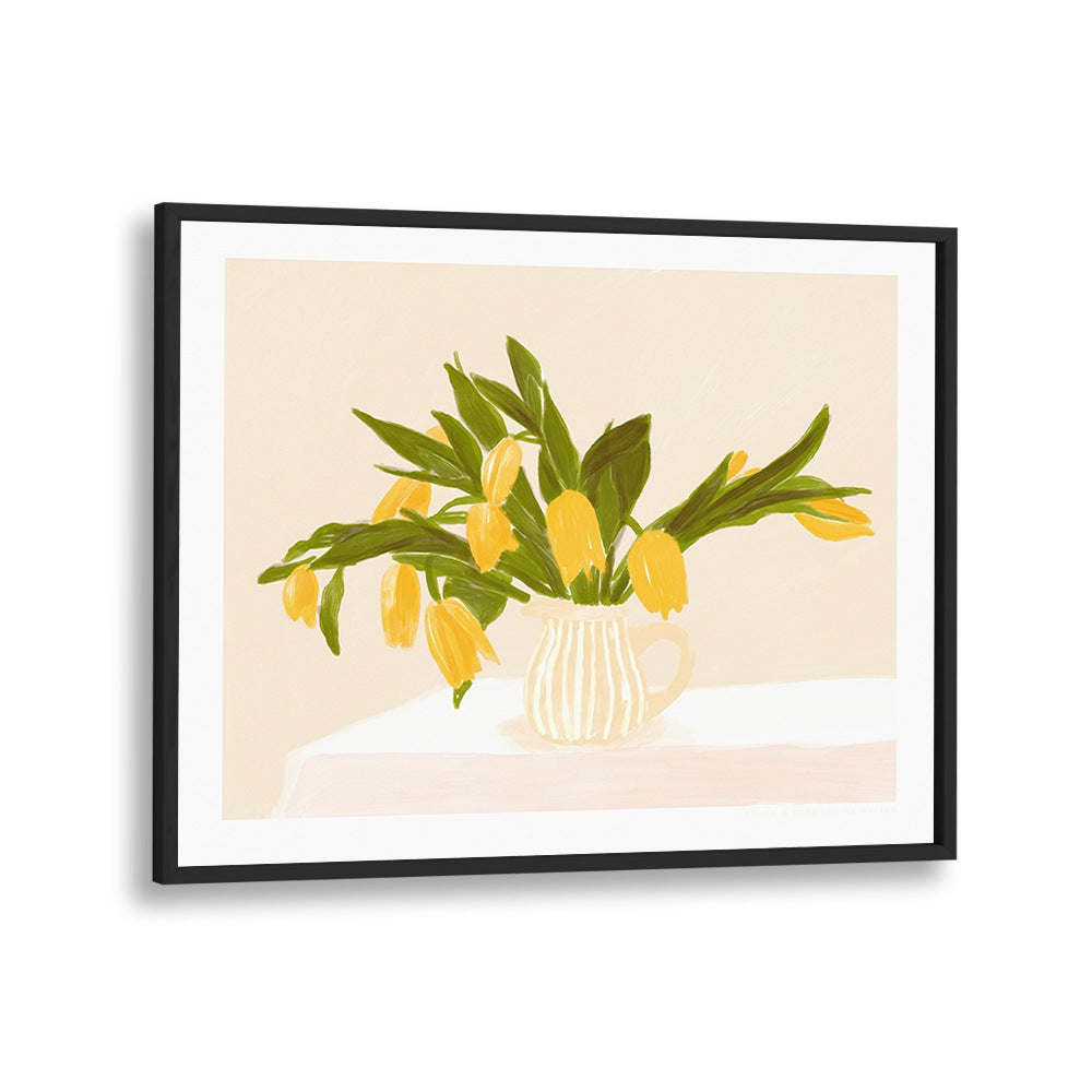 pandc yellow tulips  botanical flower paintings in Black Plain Frame