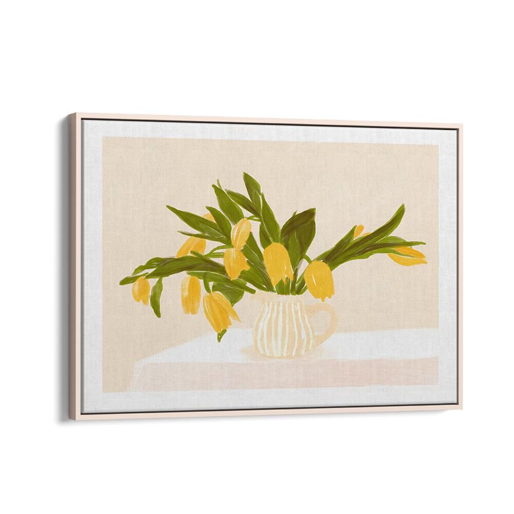 pandc yellow tulips  botanical flower paintings in Oak Wood Floater Frame