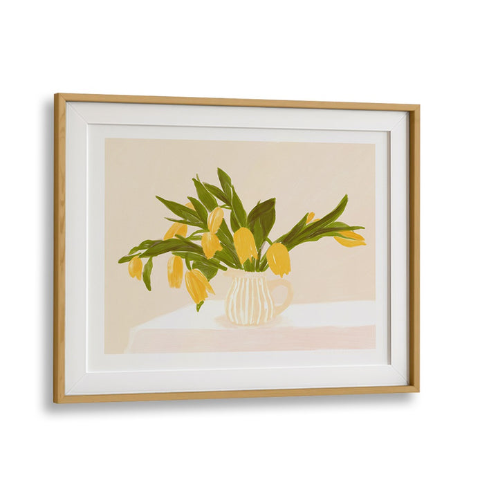 pandc yellow tulips  botanical flower paintings in Oak Wood Frame With Mount