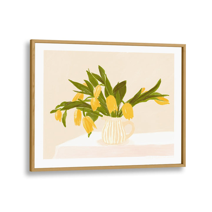 pandc yellow tulips  botanical flower paintings in Oak Wood Plain Frame