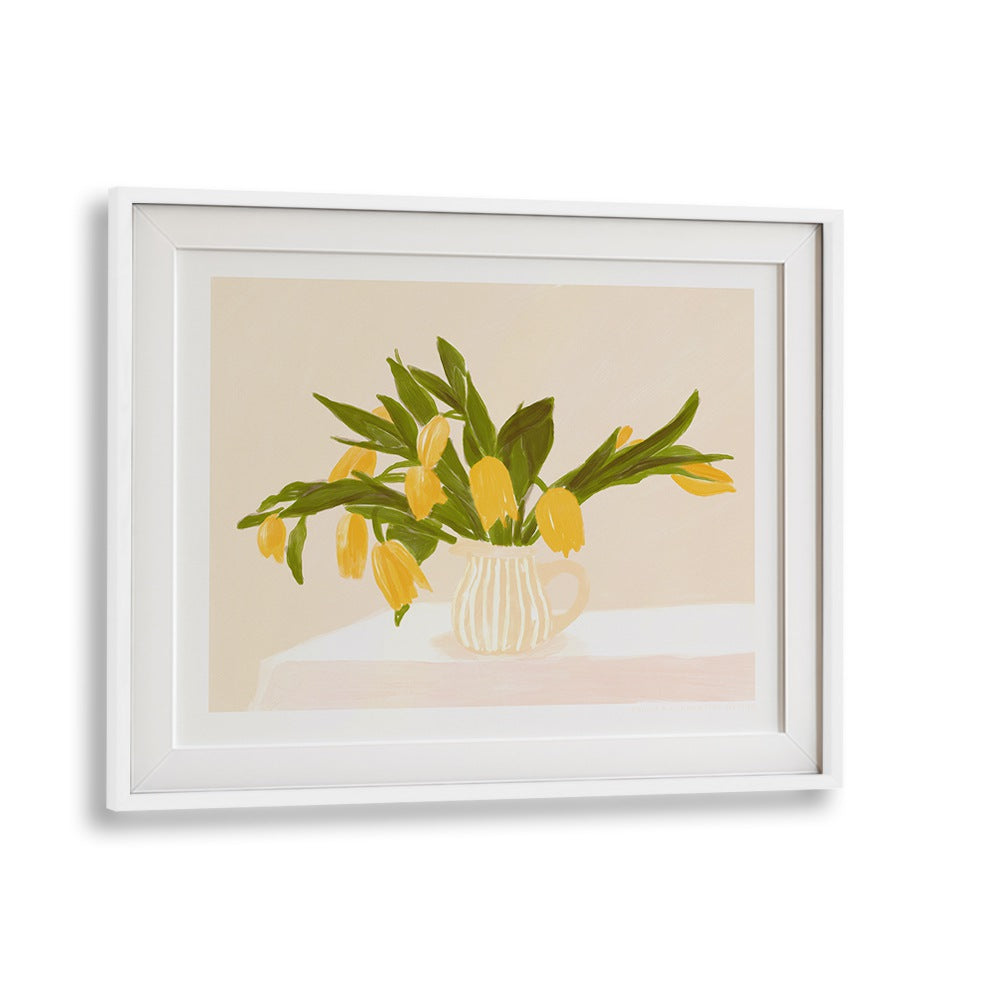 pandc yellow tulips  botanical flower paintings in White Frame With Mount