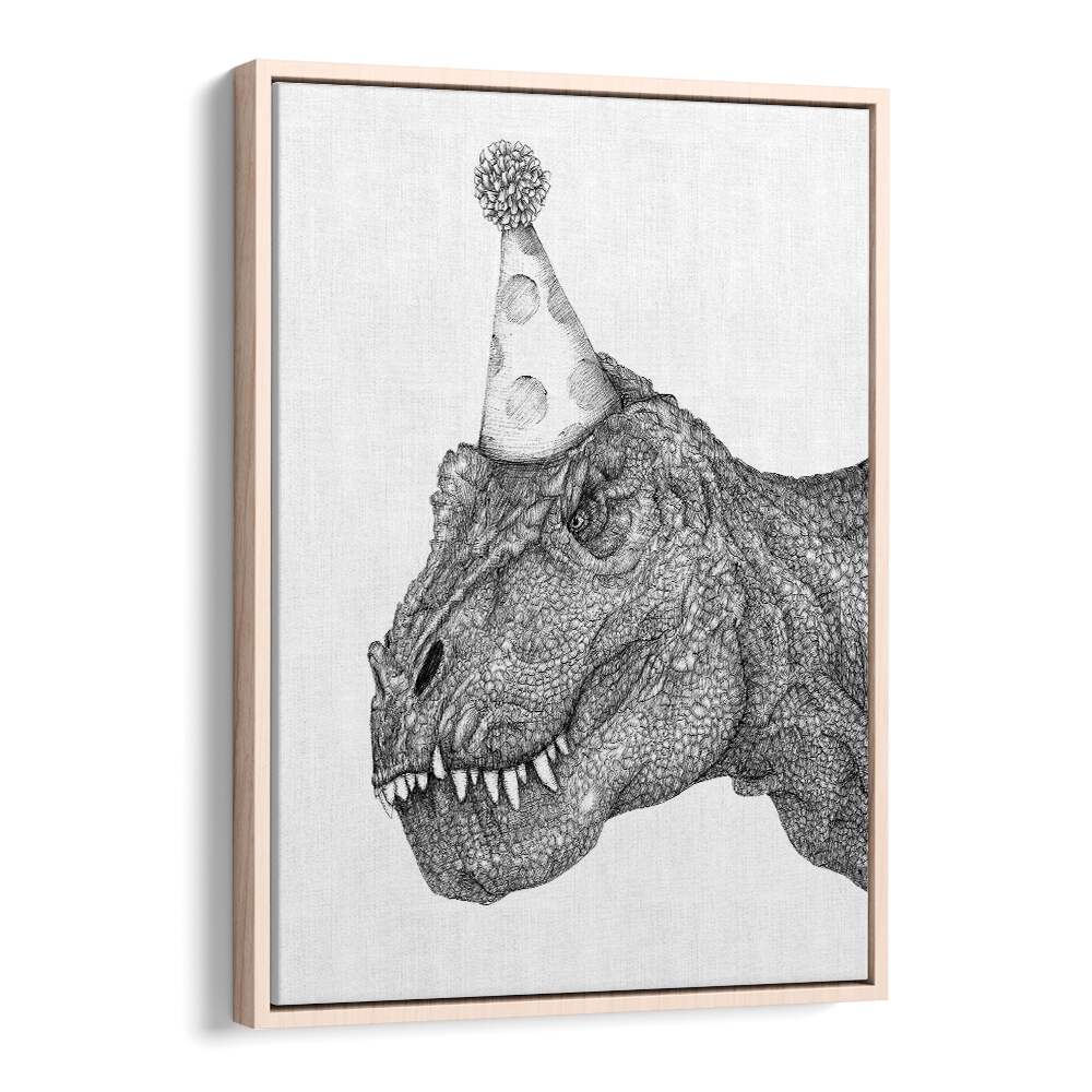 party dinosaur large Vintage paintings in Oak Wood Floater Frame