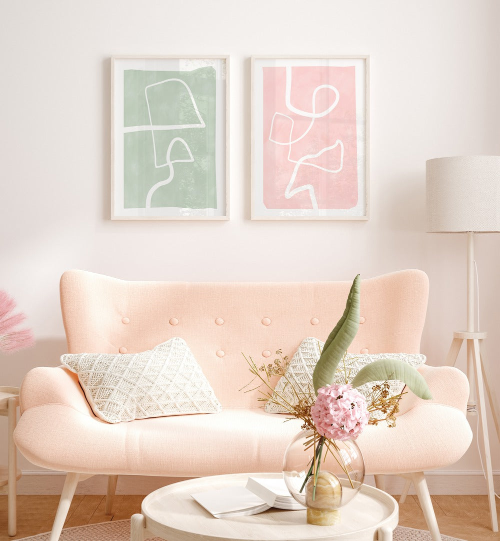 Elegant living room featuring PASTEL PATTERNS, SET OF 2 PAINTINGS with geometric designs, perfect for modern decor.