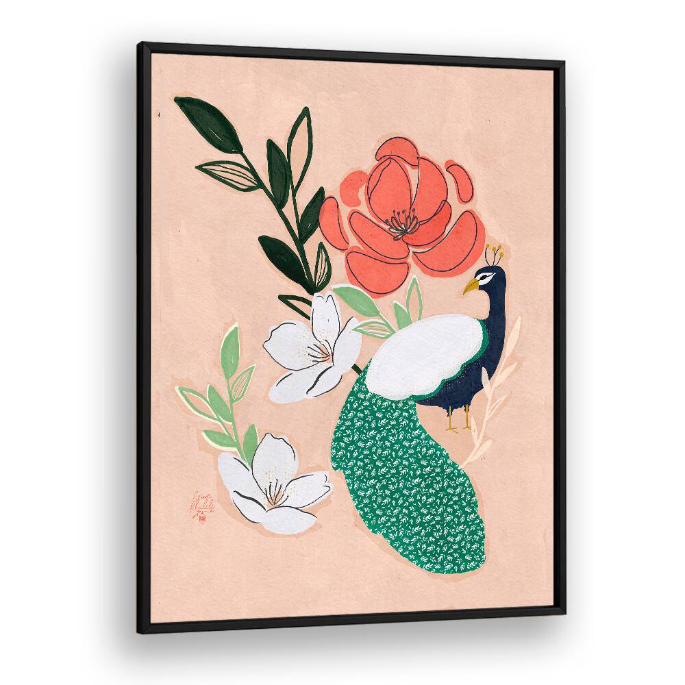 peacock and florals wildlife painttings in Black Plain Frame