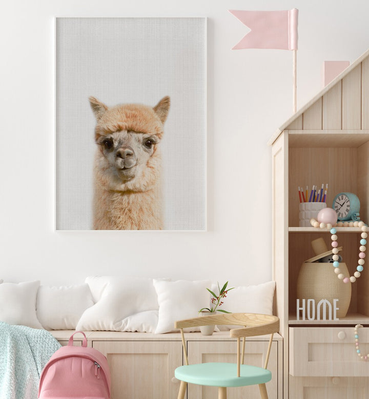 peekaboo alpaca by lola peacock kids room paintings Artwork V placed on a wall