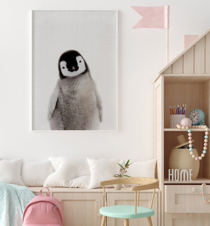 peekaboo baby penguin by lola peacock kids room paintings Artwork II placed on a wall