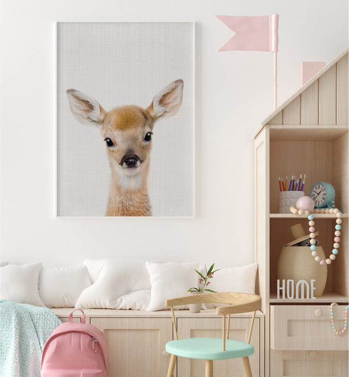 peekaboo baby deer by lola peacock kids room paintings Artwork III placed on a wall