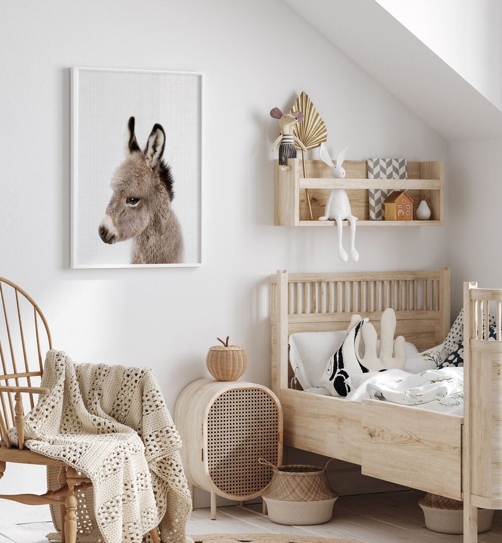 peekaboo baby donkey by lola peacock kids room paintings Artwork II placed on a wall