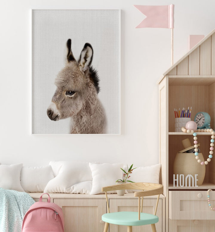 peekaboo baby donkey by lola peacock kids room paintings Artwork III placed on a wall