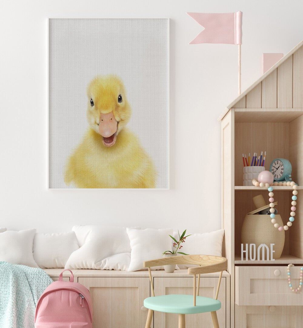 peekaboo baby duck by lola peacock kids room paintings Artwork IV placed on a wall