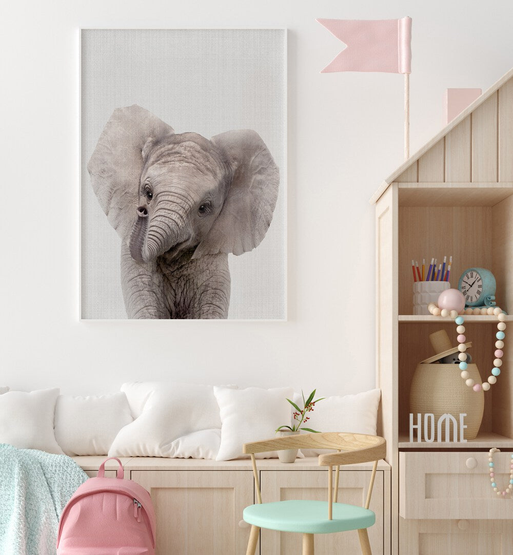 peekaboo baby elephant by lola peacock kids room paintings Artwork IV placed on a wall